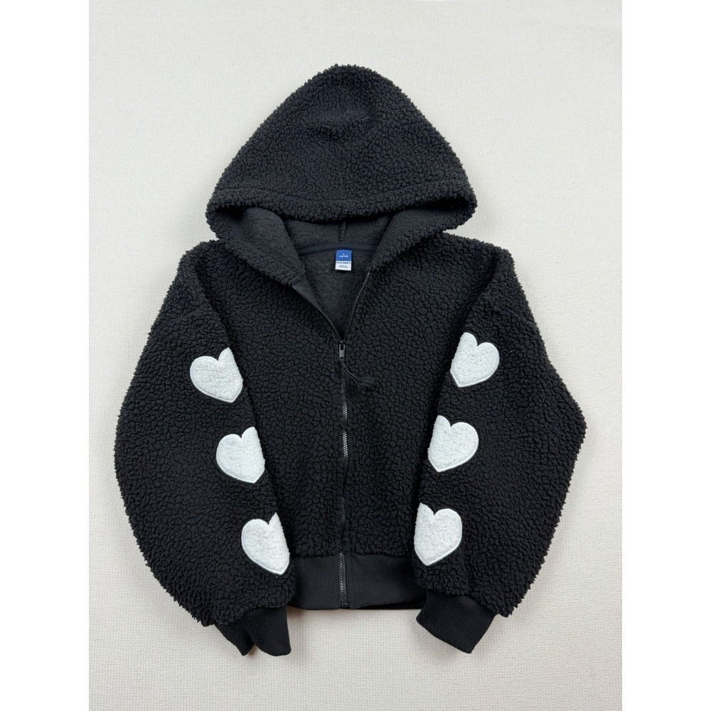 Old Navy Girl's Soft Cozy Sherpa Jacket Full Zip Hoodie L (10-12) Black Pockets